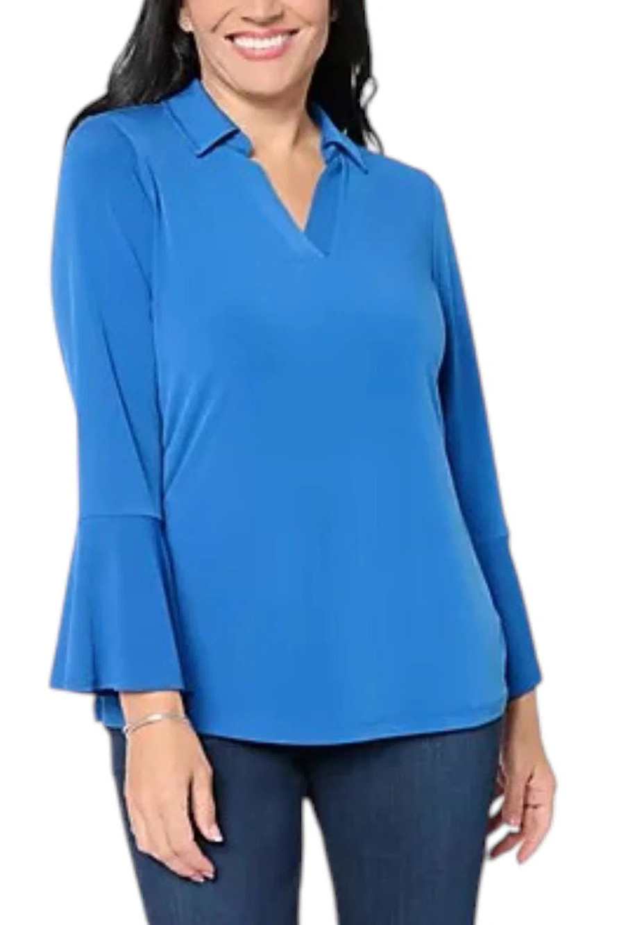 Susan Graver Women's Liquid Knit Split Neck Tunic Blue - Regular